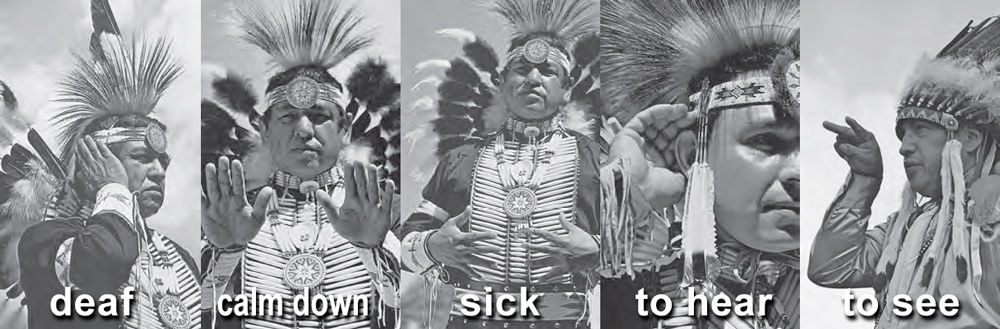 Five pictures of Plains Indian signing deaf, calm down, sick, to hear, and to see