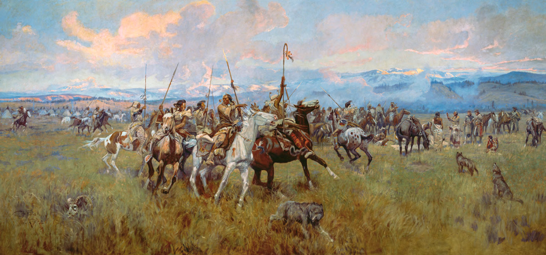 Meeting the Salish: a painting showing Indians on horses surrounding the Expedition men