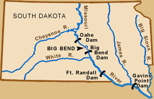 South Dakota map showing the location of Oahe Dam