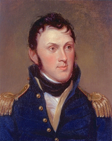 Young man with thick sideburns wearing blue jacked with gold epaulets