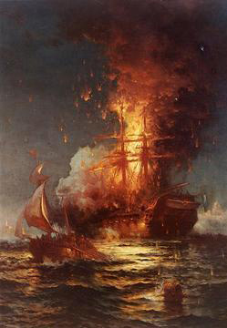 Historic painting of a burning sailing ship