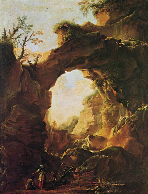Romantic painting of a natural rock arch