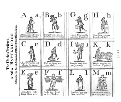 First half of the English alphabet in letters and pictures