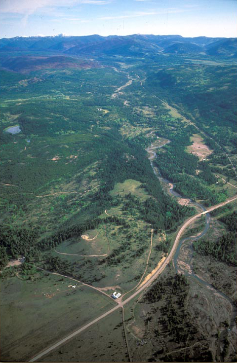 Aerial photo of the Landers Fork valley with Lewis and Clark Pass in the background
