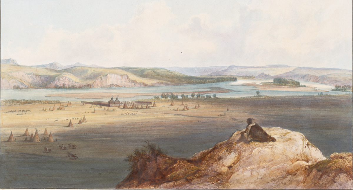 Historic painting of a early 19th-century trading post