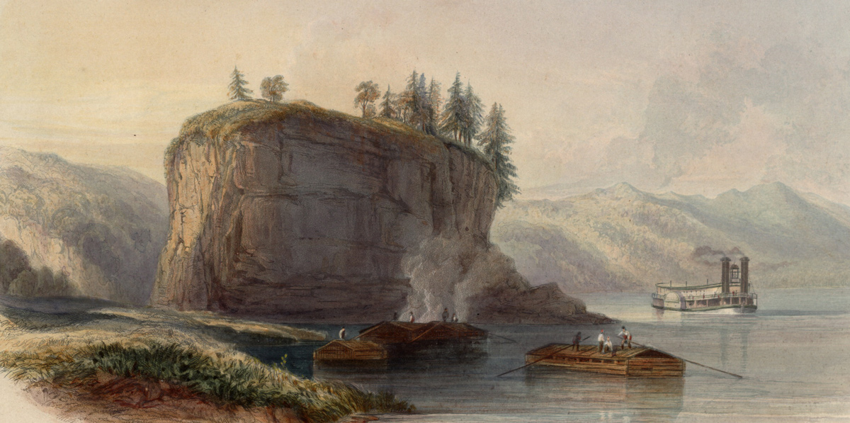 An historic painting of keelboats and a steamboat near Tower Rock