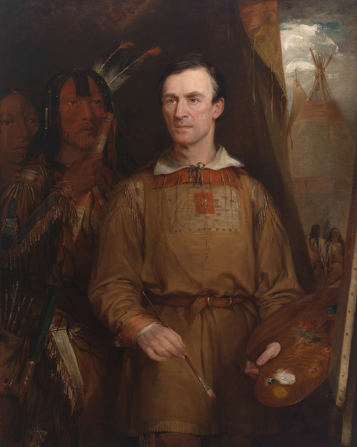 George Catlin stands with brush a board in front of a large painting