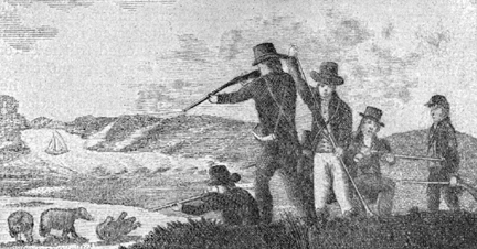 Black and white sketch of the Lewis and Clark Expedition shooting bears