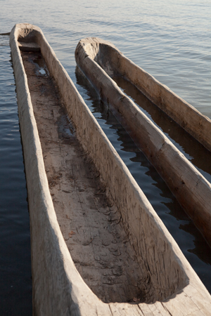 Two carved out logs floating on the shore of a river