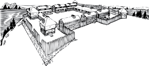 Ink sketch of a rectangular log fort between two rivers