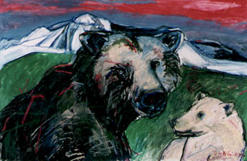 photo of modern colored sketch of dark mature grizzly with blonde cub: Blonde Bear and Mother