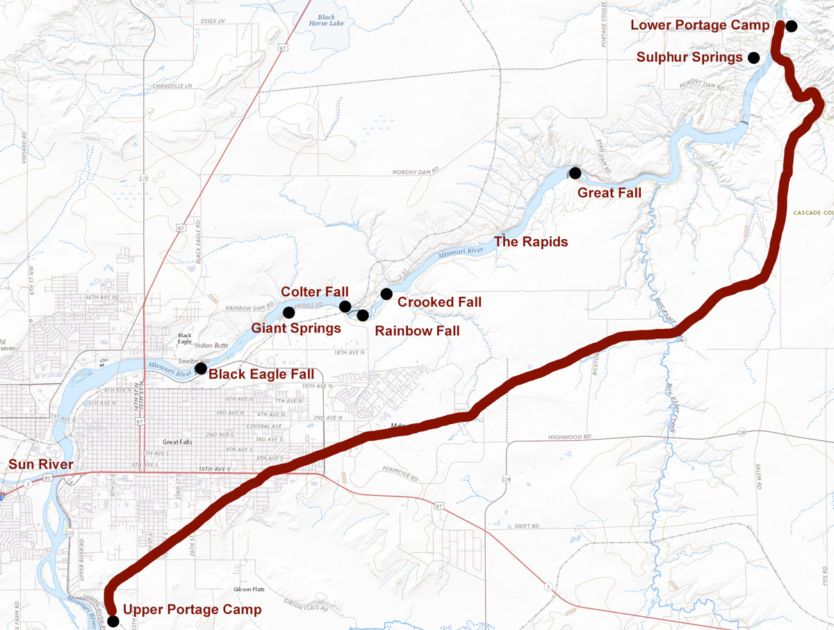 USGS map of Missouri River falls with the location of the falls annotated