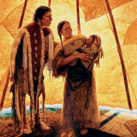 Sacajawea proudly showing her baby to her brother