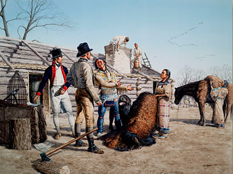 Two Indian women and a fur trapper offer a bison robe to the Captains
