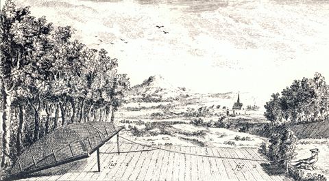 historic etching of a man holding a rope waiting for an animal to wander under his trap