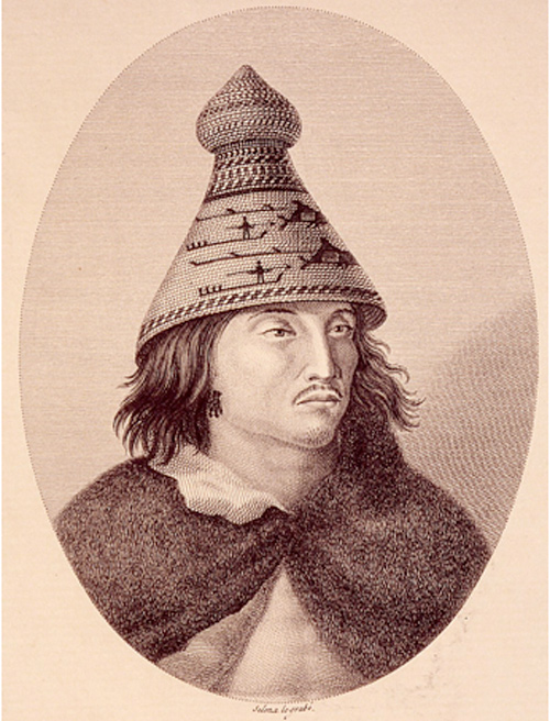 Coastal Indian man wearing a Chinookan style cone hat decorated with whaling scenes