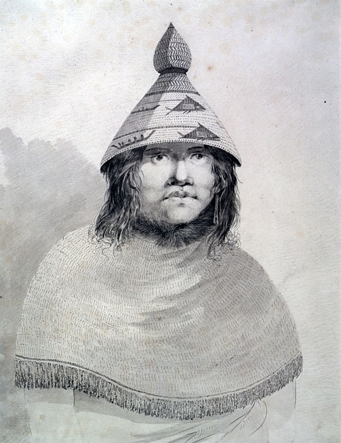 Coastal Indian wearing a Chinookan style cone hat and woven cedar shawl
