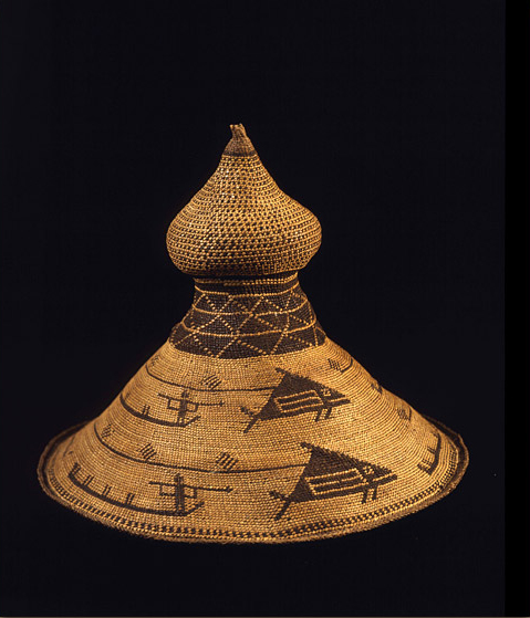 Cone shaped hat decorated with scenes of Indians whale hunting