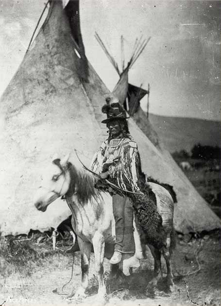 Looking Glass: astride a horse in front of a teepee before his death in the Nez Perce War
