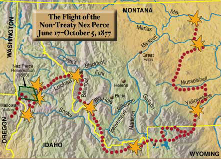 Map showing the Nez Perce War campaign from NE Oregon to central Montana