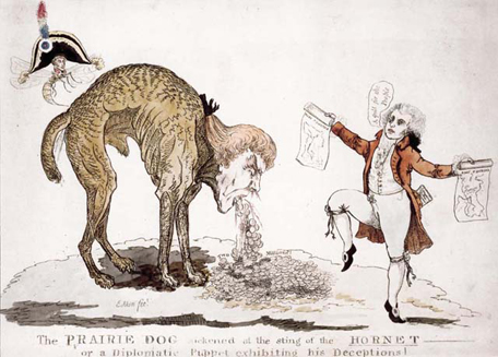 Early American political cartoon of a dog (Jefferson) wretching while Monroe dances
