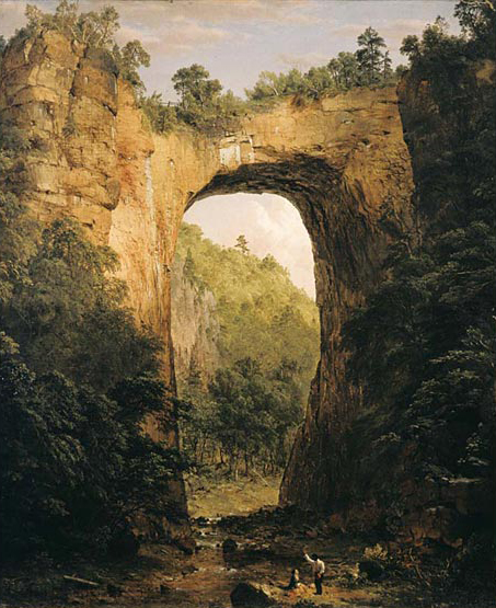 Romantic style painting of a natural rock arch
