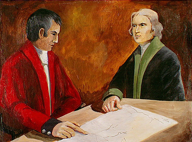 Painting of Lewis and Jefferson discussing a map