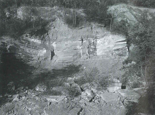 Small cliff of light-colored, banded rock