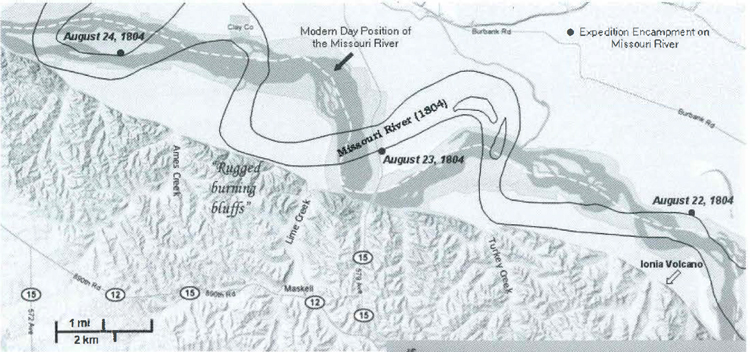 Map showing the Missouri River channel has moved since 1804