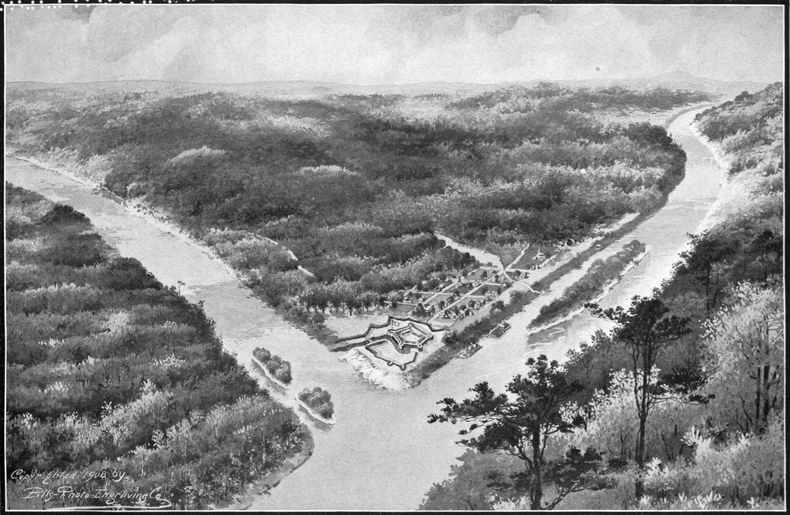 Black and white artists' rendition of Pittsburgh between the Allegheny and Monongahela rivers