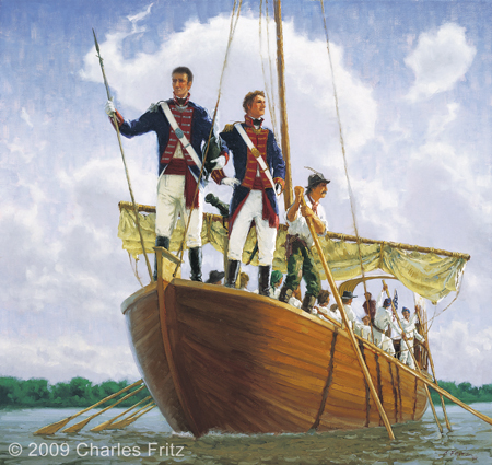 Painting of several men poling a wooden boat