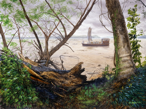 the barge cruises on a very wide river