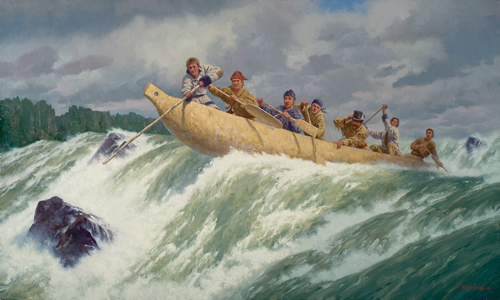 A dugout canoe is airborne above falling water