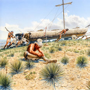 The men push and pull the dugout canoe across the plain