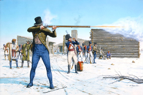 Painting of a soldier in tan coatee and blue overalls shooting a rifle