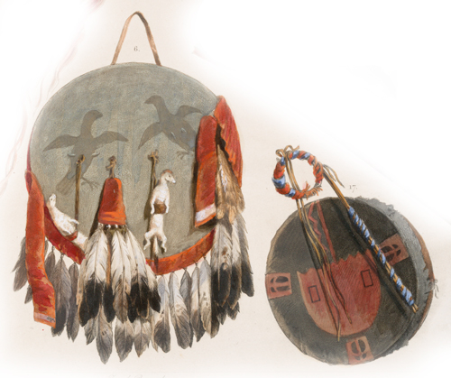 Round drum decorated with eagle feathers