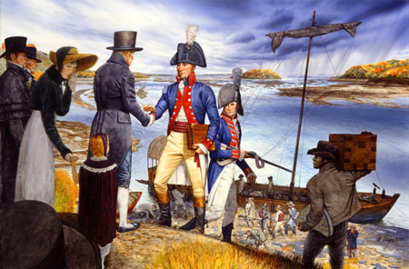 painting of uniformed Lewis shaking hands with Clark dressed in gentleman's clothes