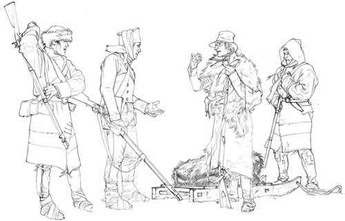 Sketch of four hunters in winter clothing pulling a sled