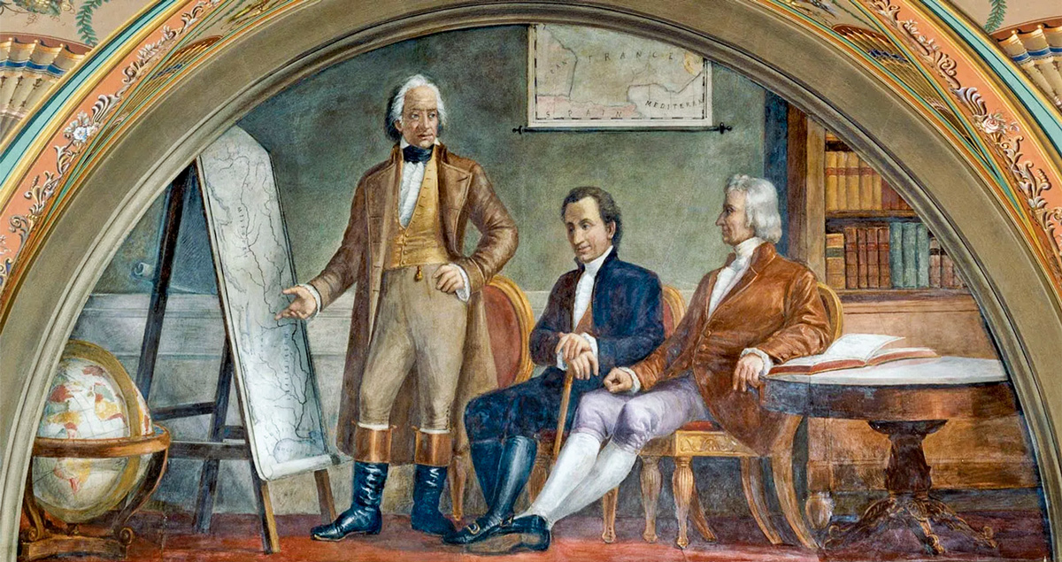 Illustrative painting of Marbois, Livingston, and Monroe negotiation the Louisiana Purchase