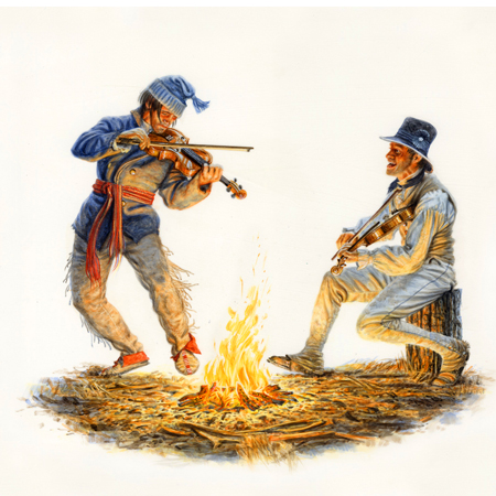 An engagé and a soldier play the fiddle