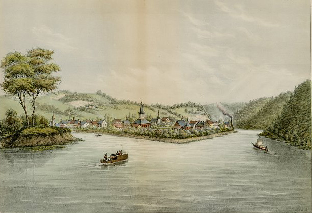 Early Pittsburgh scene looking up the Allegheny and Monongahela rivers
