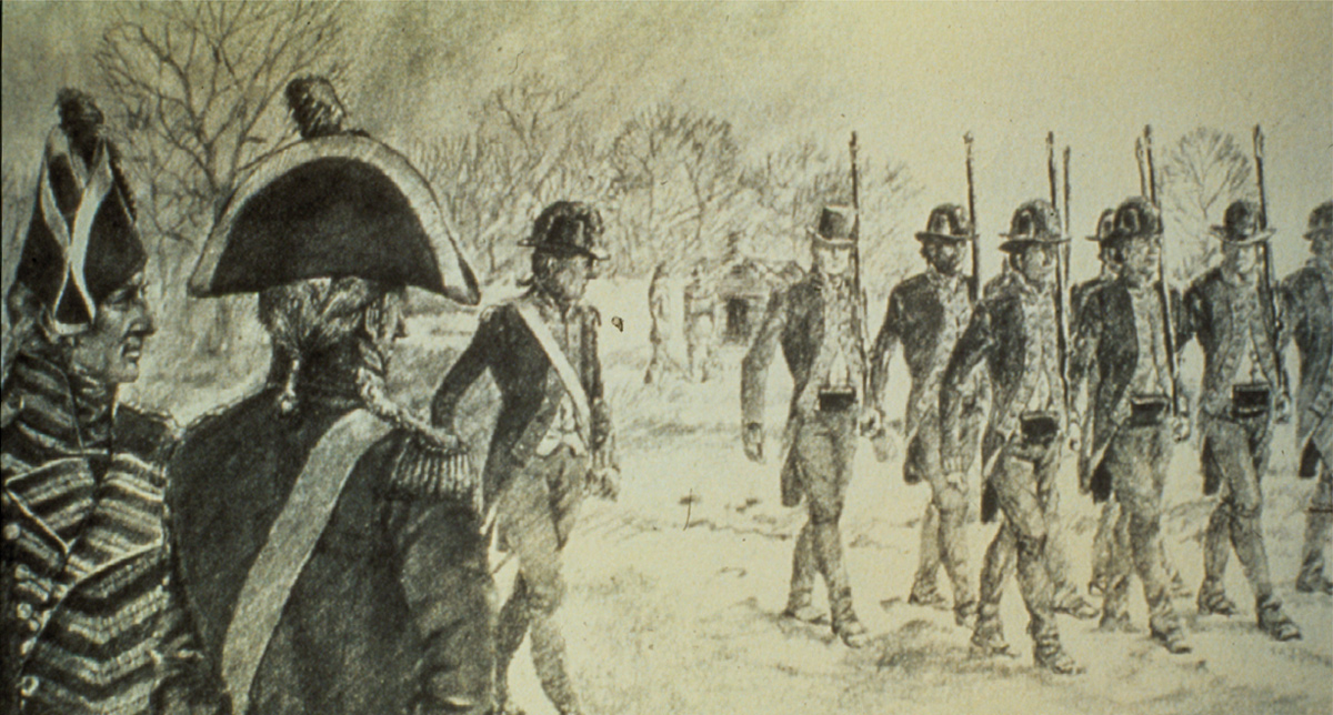 Illustration of early 1800s frontier soldiers on parade