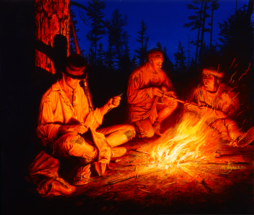 Three men sit around a campfire at night