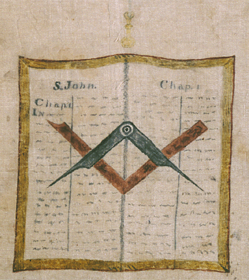 Masonic Bible, try-square, and compass symbols as described above and below