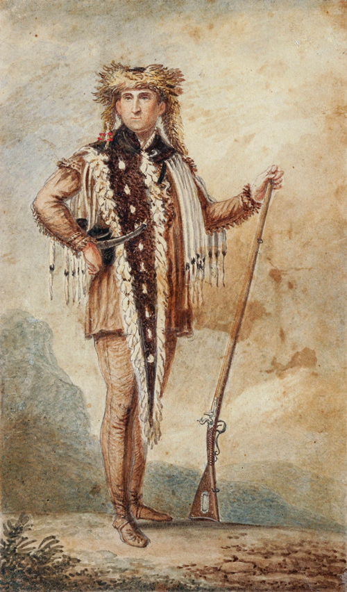 Historic painting of Meriwether Lewis wearing his Shoshone tippet