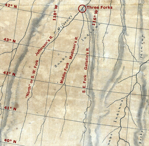 hand drawn map of the Three Forks with modern labels