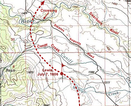 Lewis's route drawn on a modern topographic map