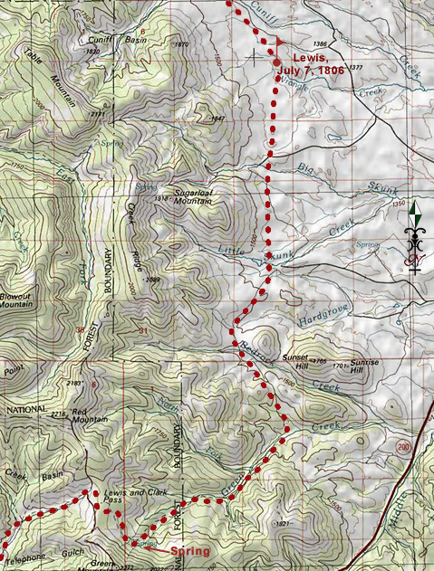 Lewis's route drawn on a modern topographic map of Lewis and Clark Pass