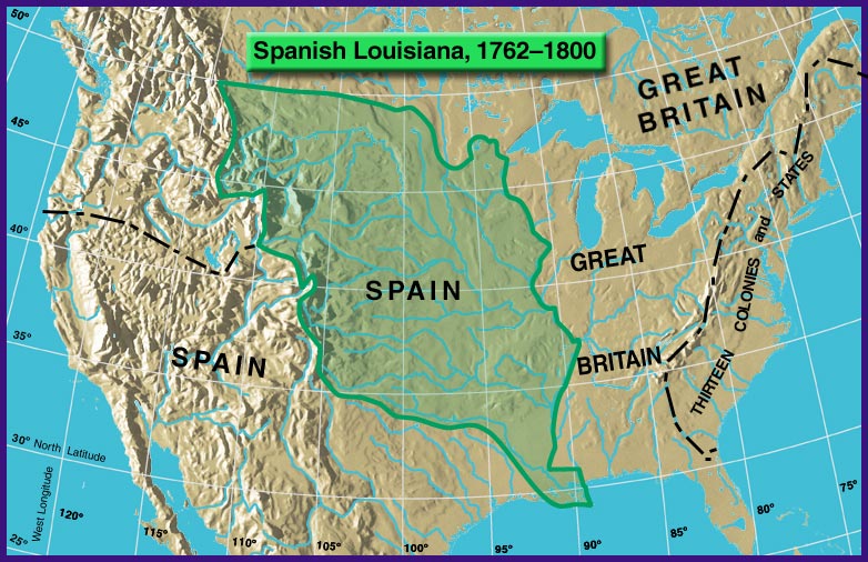 graphic: map of United States land area showing borders of Spanish Louisiana, 1762-1800