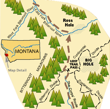 Map showing the route over Lost Trail Pass and into Ross Hole